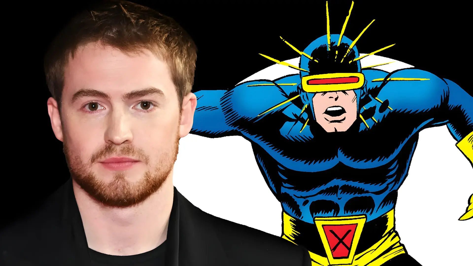 کیت کانر (Kit Connor) در کنار تصویر کمیک‌بوکی شخصیت سایکلاپس (Cyclops)
