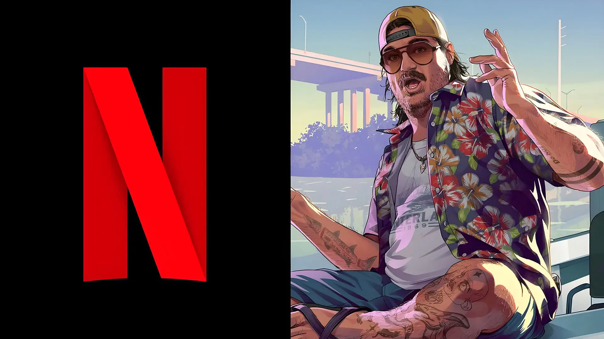 لوگوی قرمز نتفلیکس (Netflix) در کنار شخصیت کارتونی بازی GTA 6