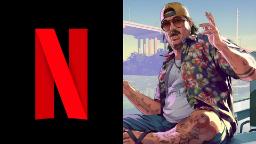 لوگوی قرمز نتفلیکس (Netflix) در کنار شخصیت کارتونی بازی GTA 6