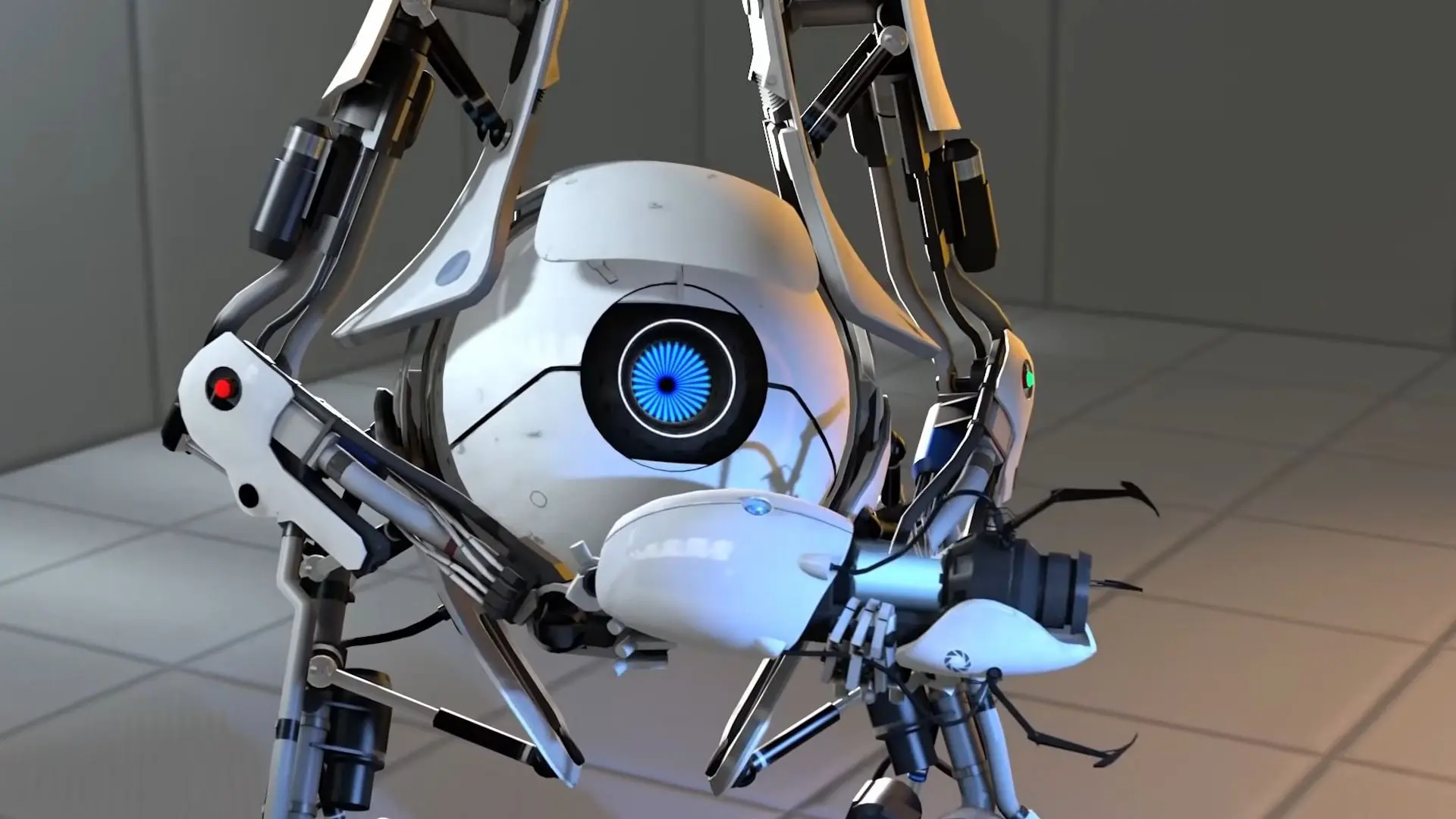 ربات پورتال ۲ (Portal 2) با چشم آبی و تفنگ پورتال در محیط آزمایشگاهی