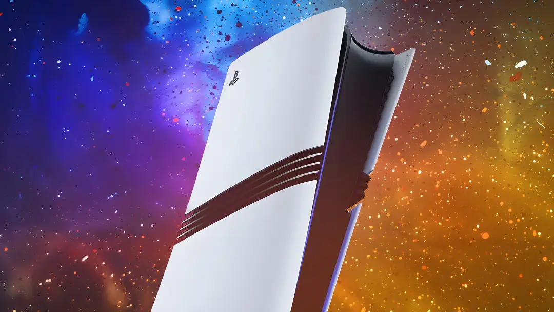 کنسول بازی پلی استیشن ۵ پرو (PlayStation 5 Pro) در پس‌زمینه‌ای رنگارنگ