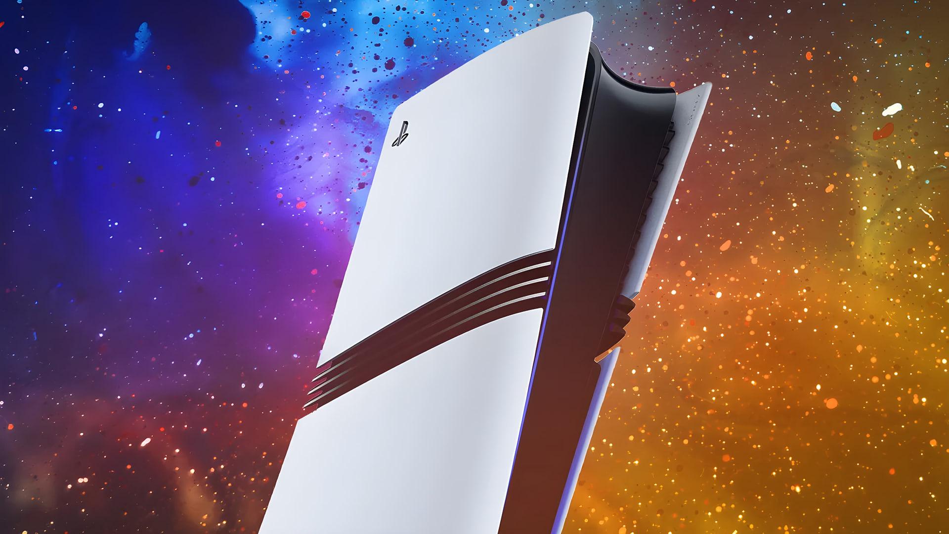 کنسول بازی پلی استیشن ۵ پرو (PlayStation 5 Pro) در پس‌زمینه‌ای رنگارنگ