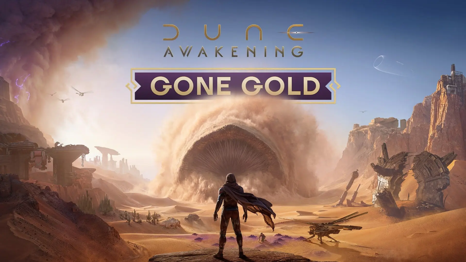 منظره‌ای از دنیای بیابانی بازی Dune Awakening (Dune: Awakening) با کرم شن عظیم