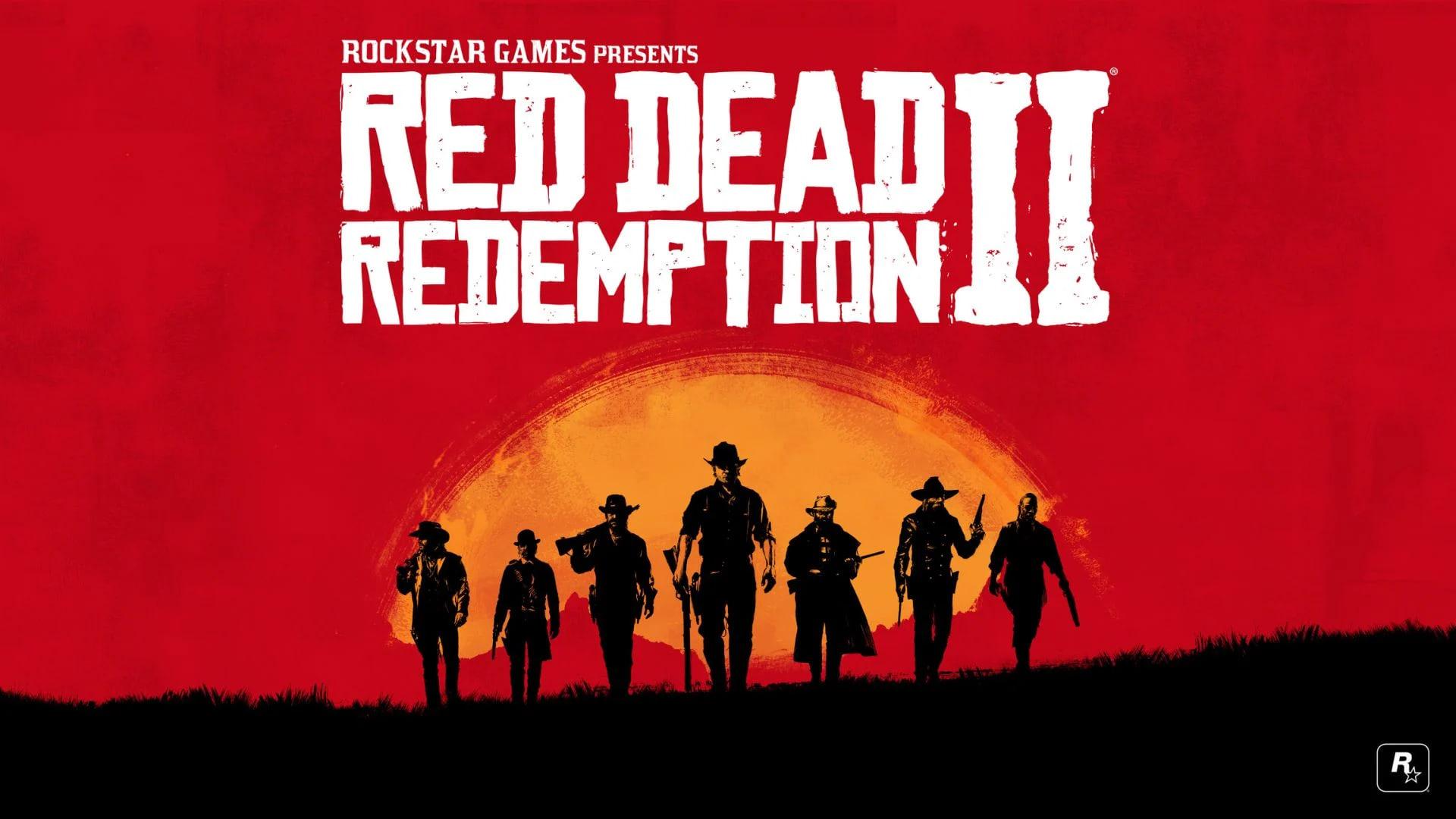 شخصیت‌های بازی Red Dead Redemption II در برابر خورشید در پس‌زمینه قرمز