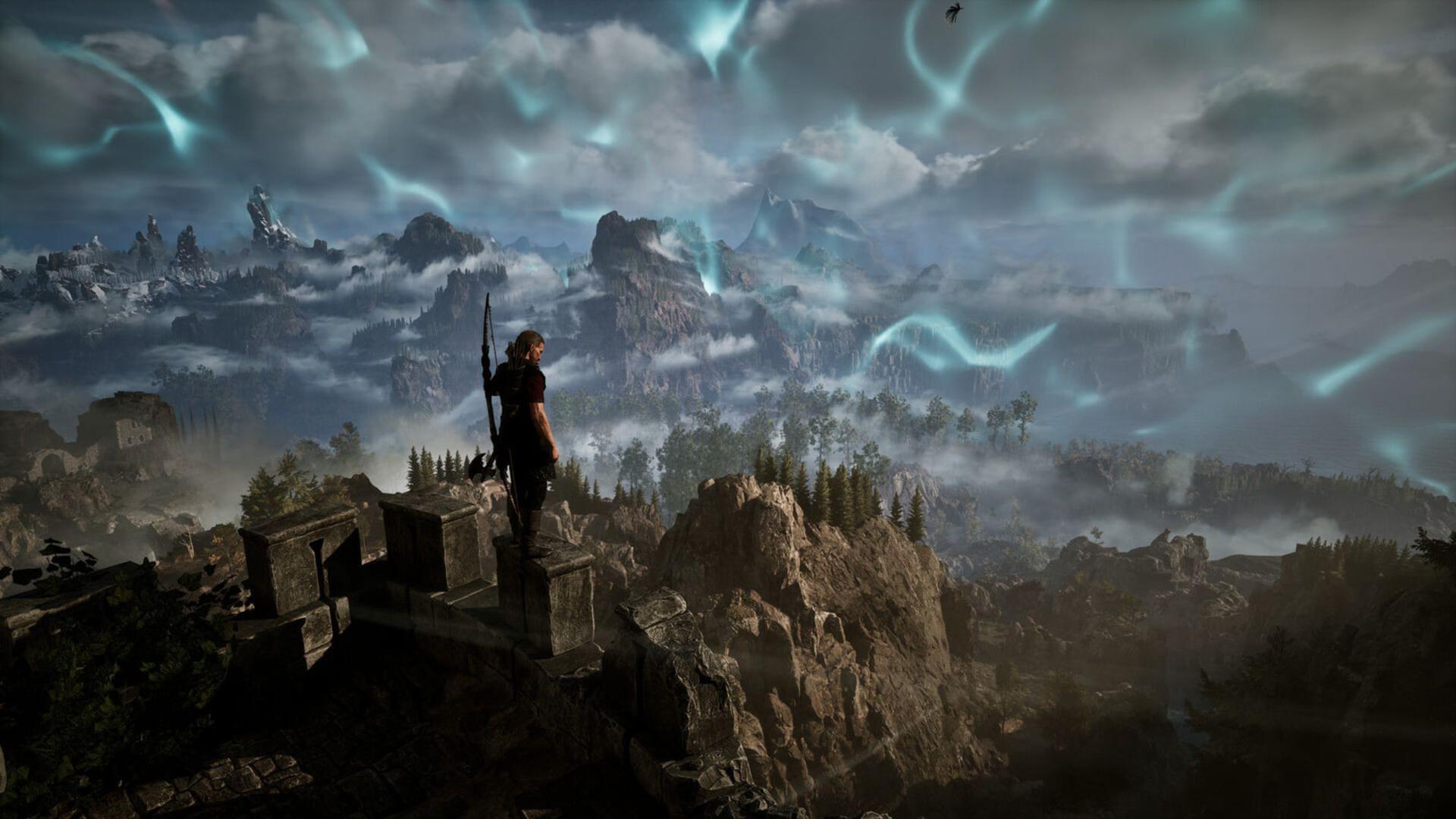 منظره کوهستانی و ابرها در بازی Gothic 1 Remake با جلوه‌های نوری خاص