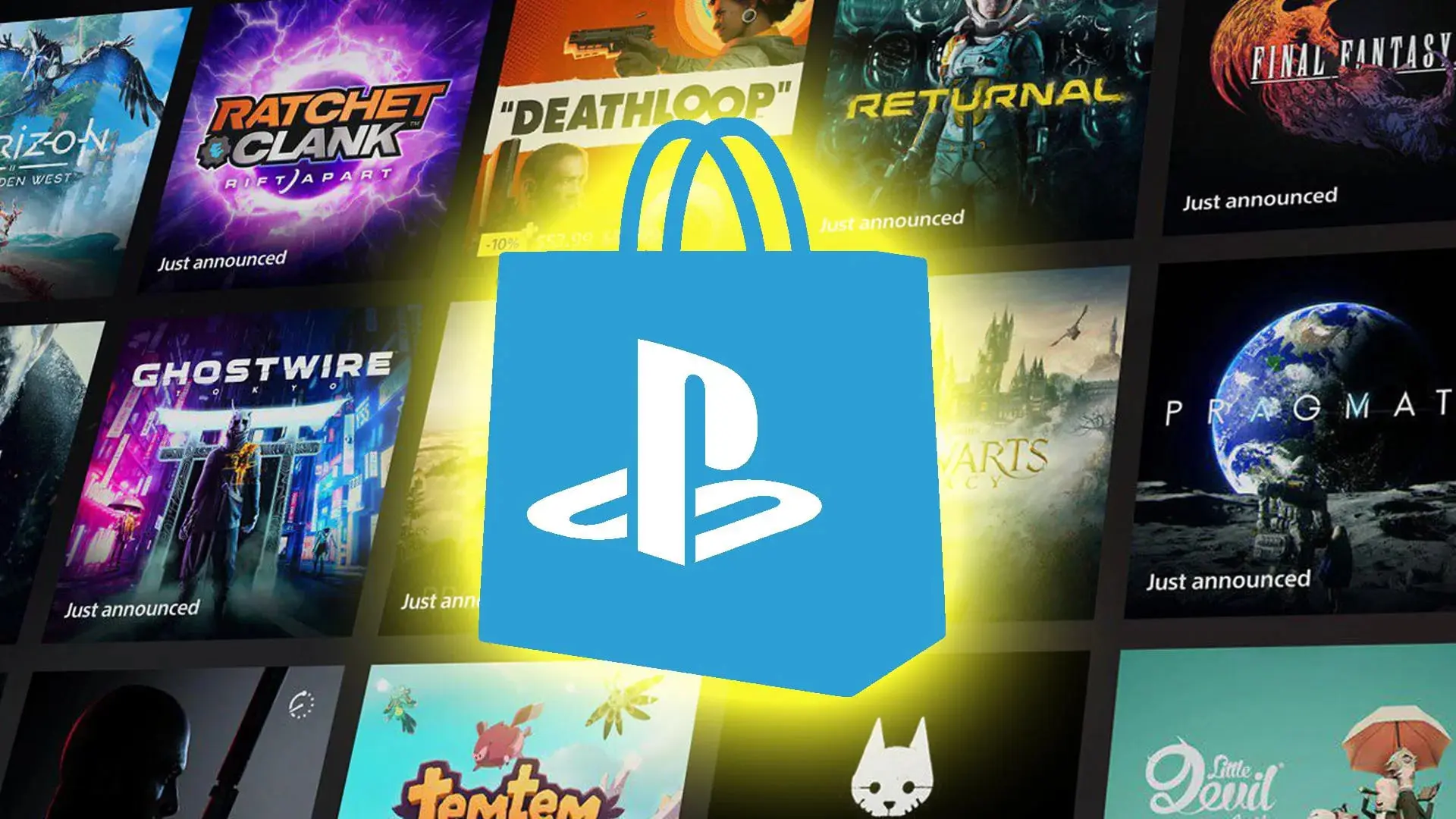 لوگوی پلی استیشن (PlayStation) روی پس‌زمینه‌ای از پوسترهای بازی‌های ویدیویی