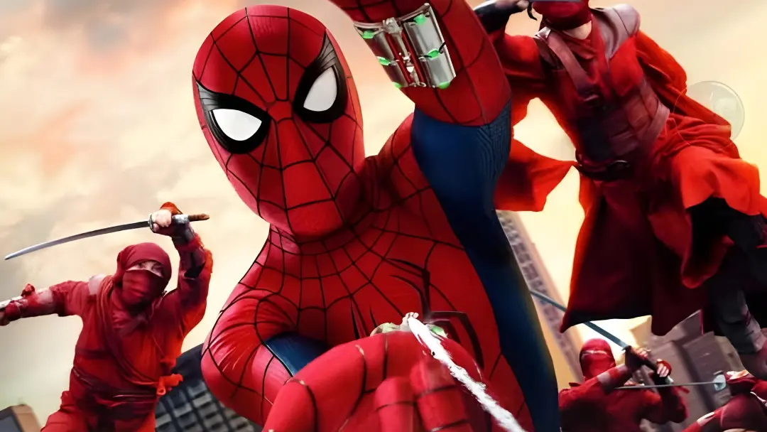 مرد عنکبوتی (Spider-Man) در حال مبارزه با گروهی از نینجاها در فضای شهری