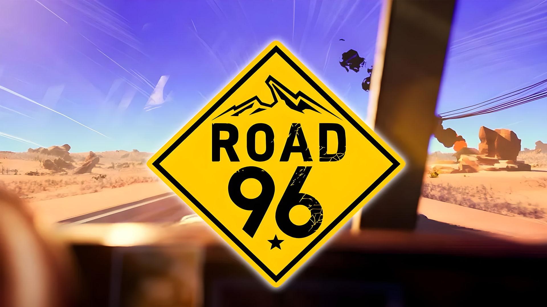 لوگوی زرد رنگ بازی Road 96 بر پس‌زمینه‌ای از منظره بیابانی