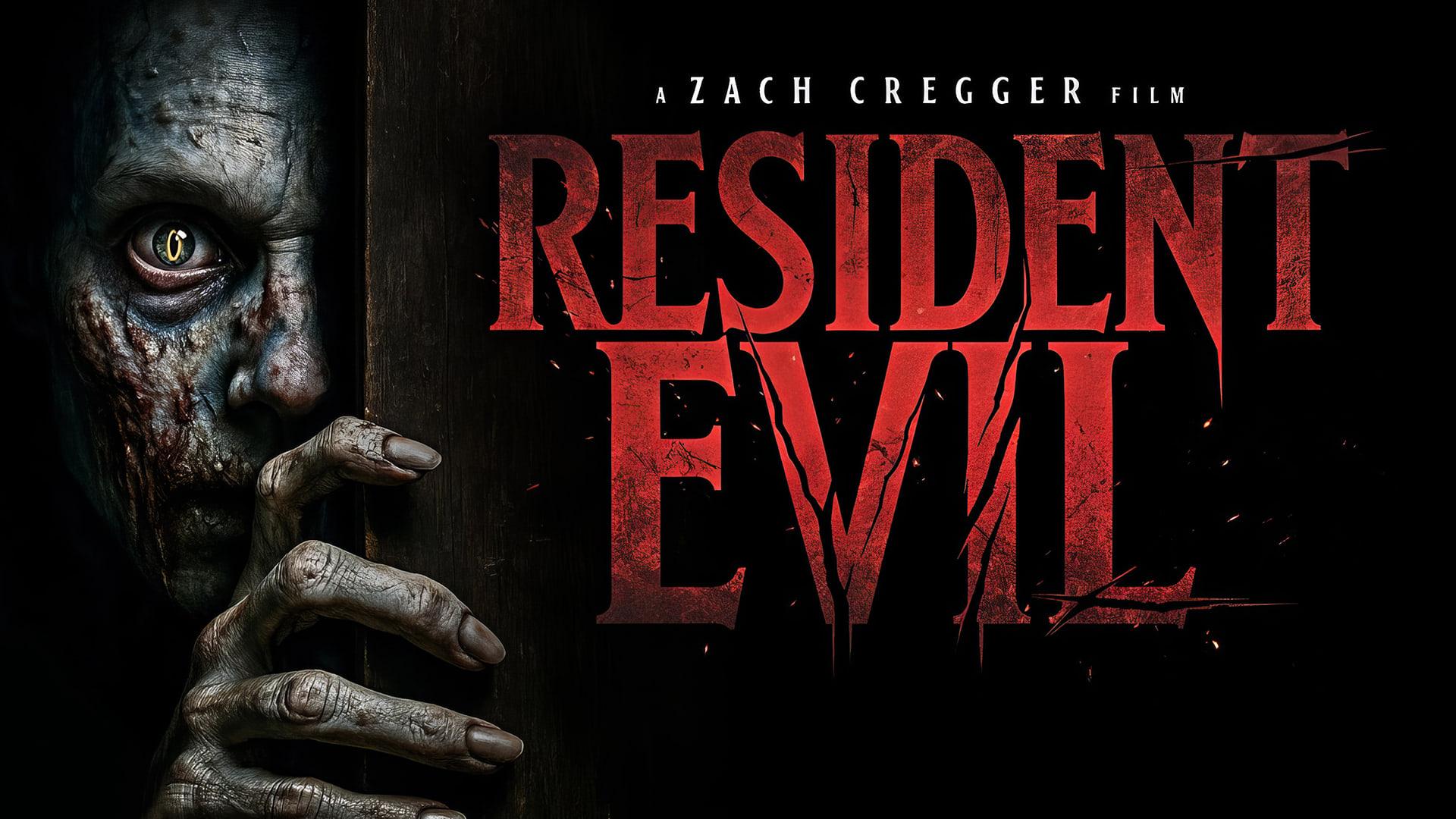 چهره ترسناک یک زامبی در کنار لوگوی فیلم رزیدنت اویل (Resident Evil)