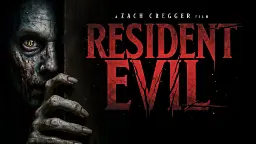 چهره ترسناک یک زامبی در کنار لوگوی فیلم رزیدنت اویل (Resident Evil)