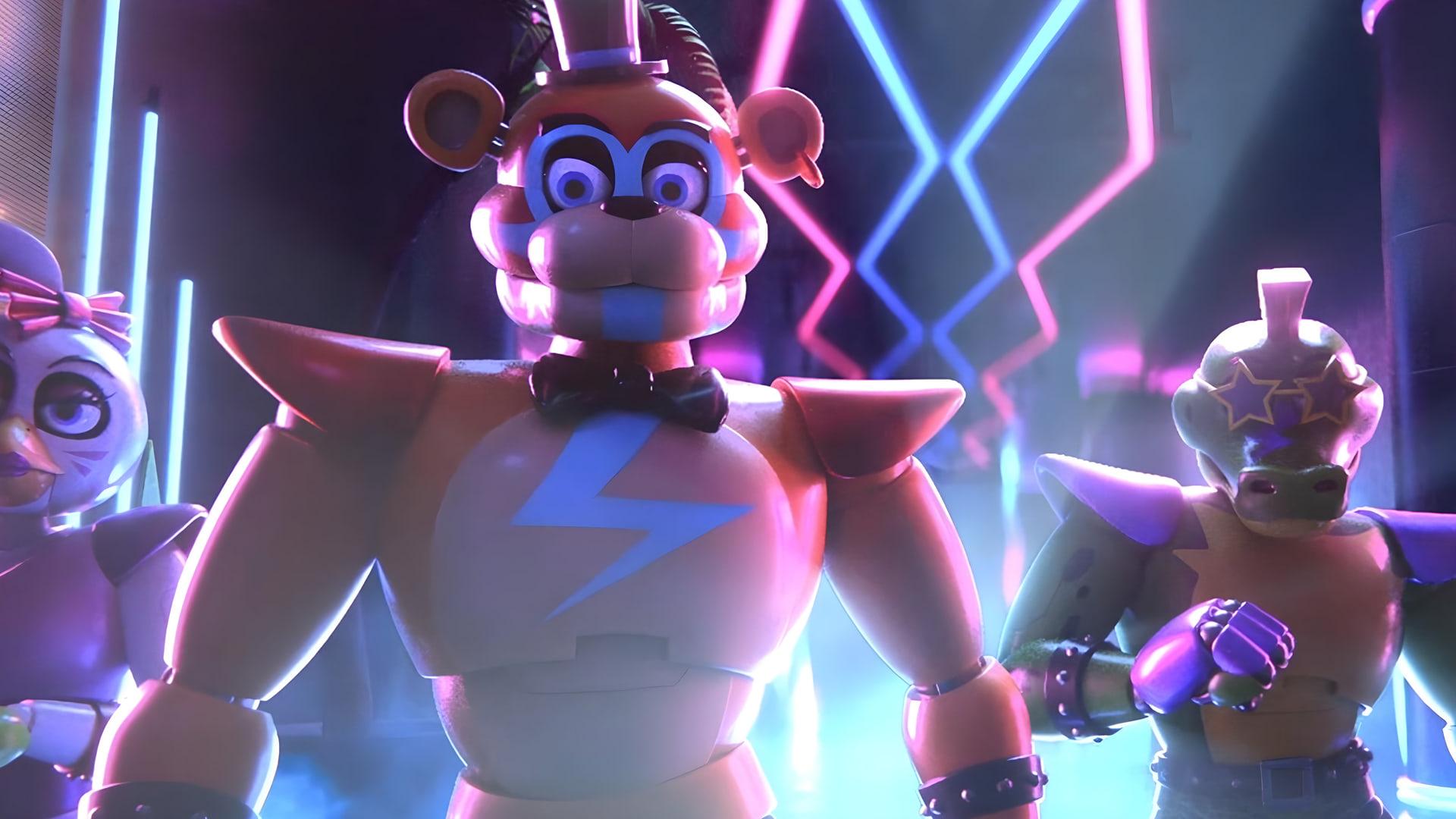 انیماترونیک‌های بازی Five Nights at Freddy's (FNAF) در محیطی با نورهای نئون