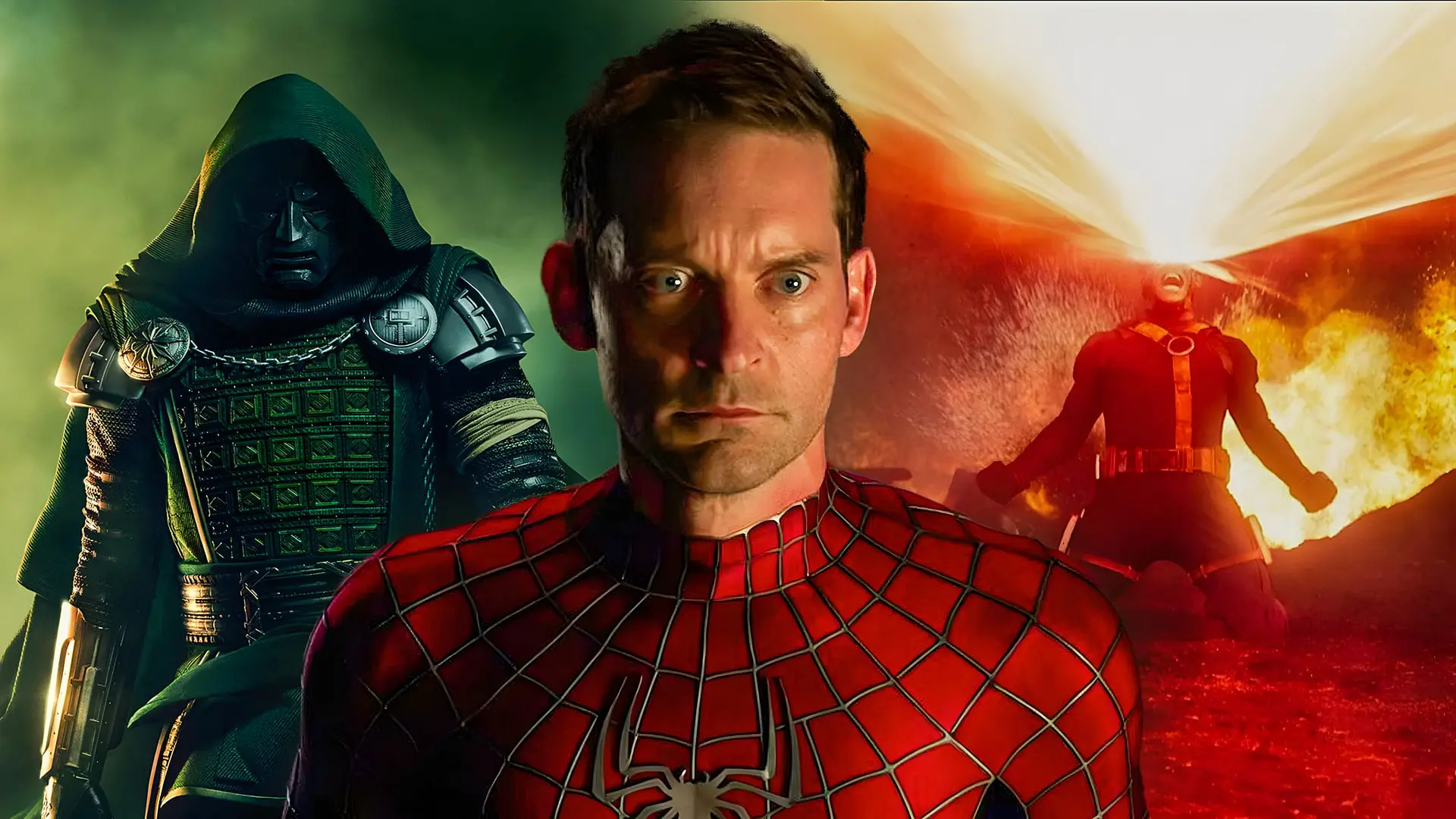 مرد عنکبوتی (Spider-Man) توبی مگوایر در کنار دکتر دوُم (Doctor Doom) و شخصیت ایکس من