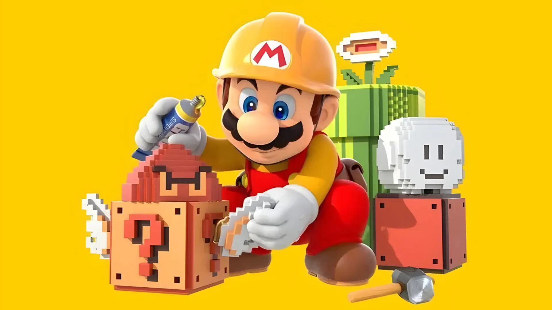 شخصیت ماریو (Mario) با کلاه کارگری در حال تعمیر بلوک علامت سوال