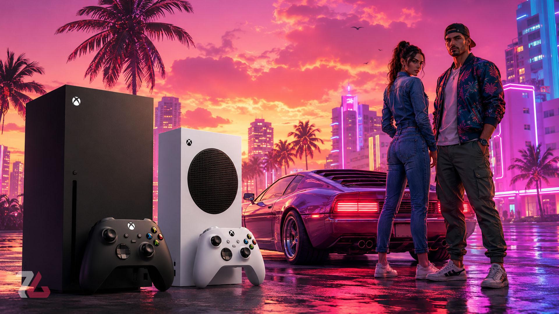 کنسول‌های ایکس باکس (Xbox) و کنترلرهای گیمینگ در پس‌زمینه‌ی GTA 6