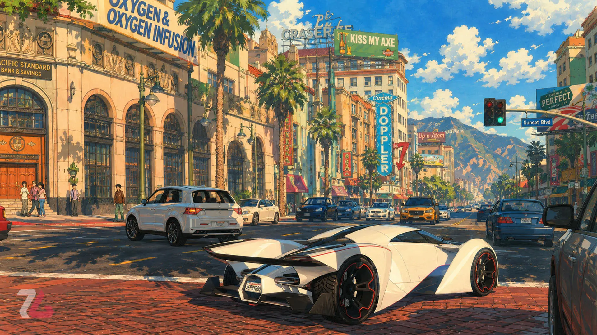 خودروی اسپرت سفید در خیابان‌های پرجنب‌وجوش شهر GTA V با سبک انیمه
