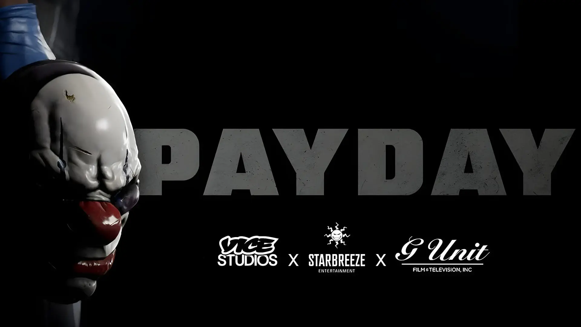 ماسک دلقک و لوگوی سریال Payday در پس‌زمینه‌ای سیاه