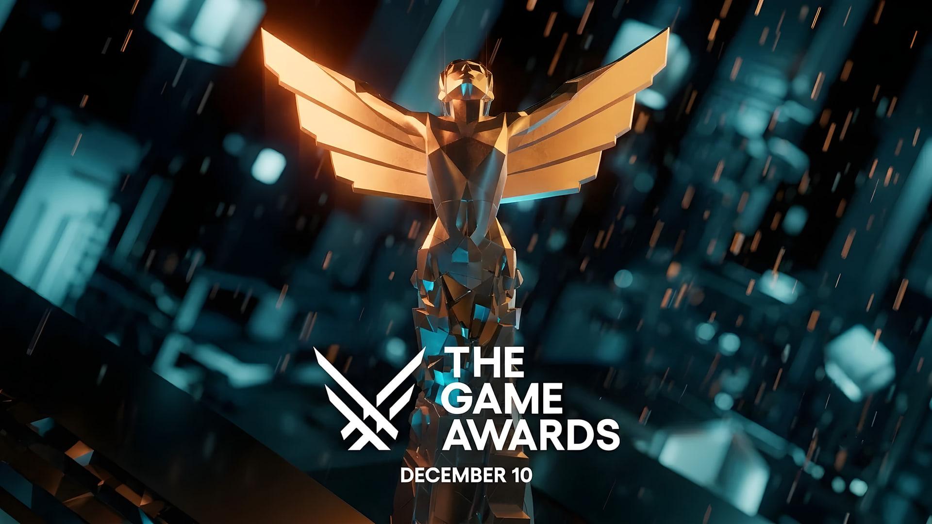 تندیس طلایی مجسمه برنده‌ی مراسم The Game Awards (The Game Awards) در پس‌زمینه‌ای دیجیتال