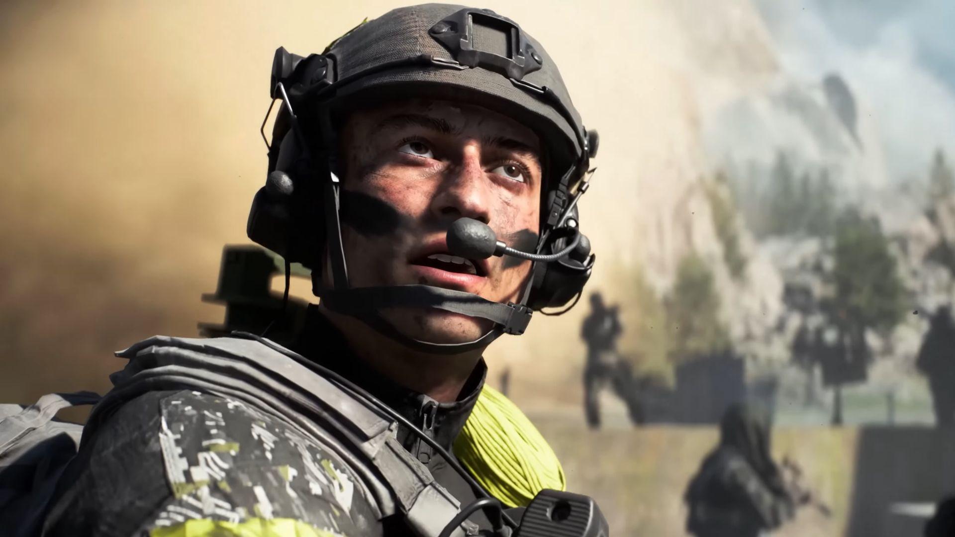 سرباز نظامی با کلاهخود و تجهیزات ارتباطی در محیط بازی Battlefield 6