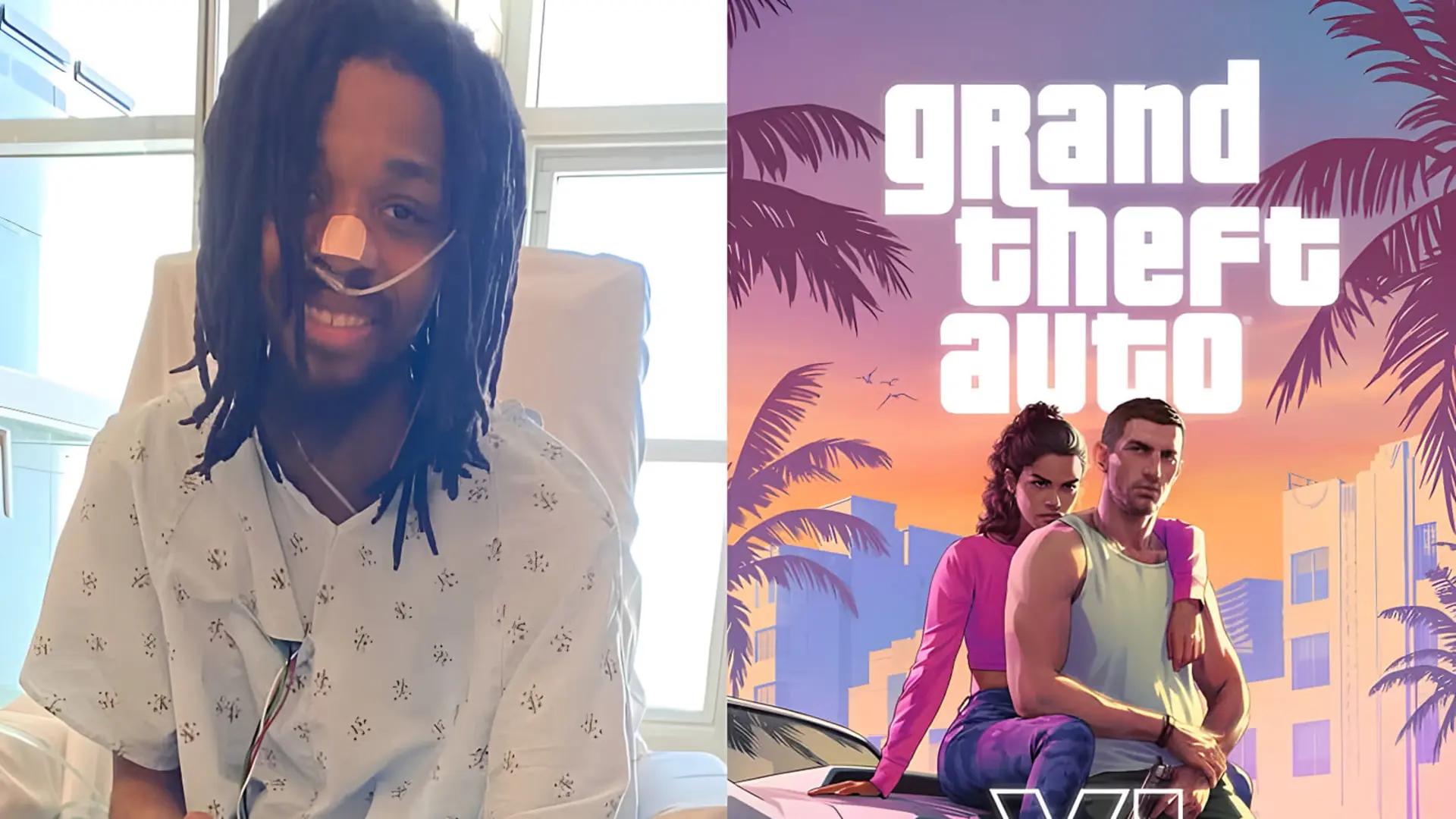 گیمر جوان بیمار با لوله اکسیژن در کنار پوستر بازی Grand Theft Auto (GTA)