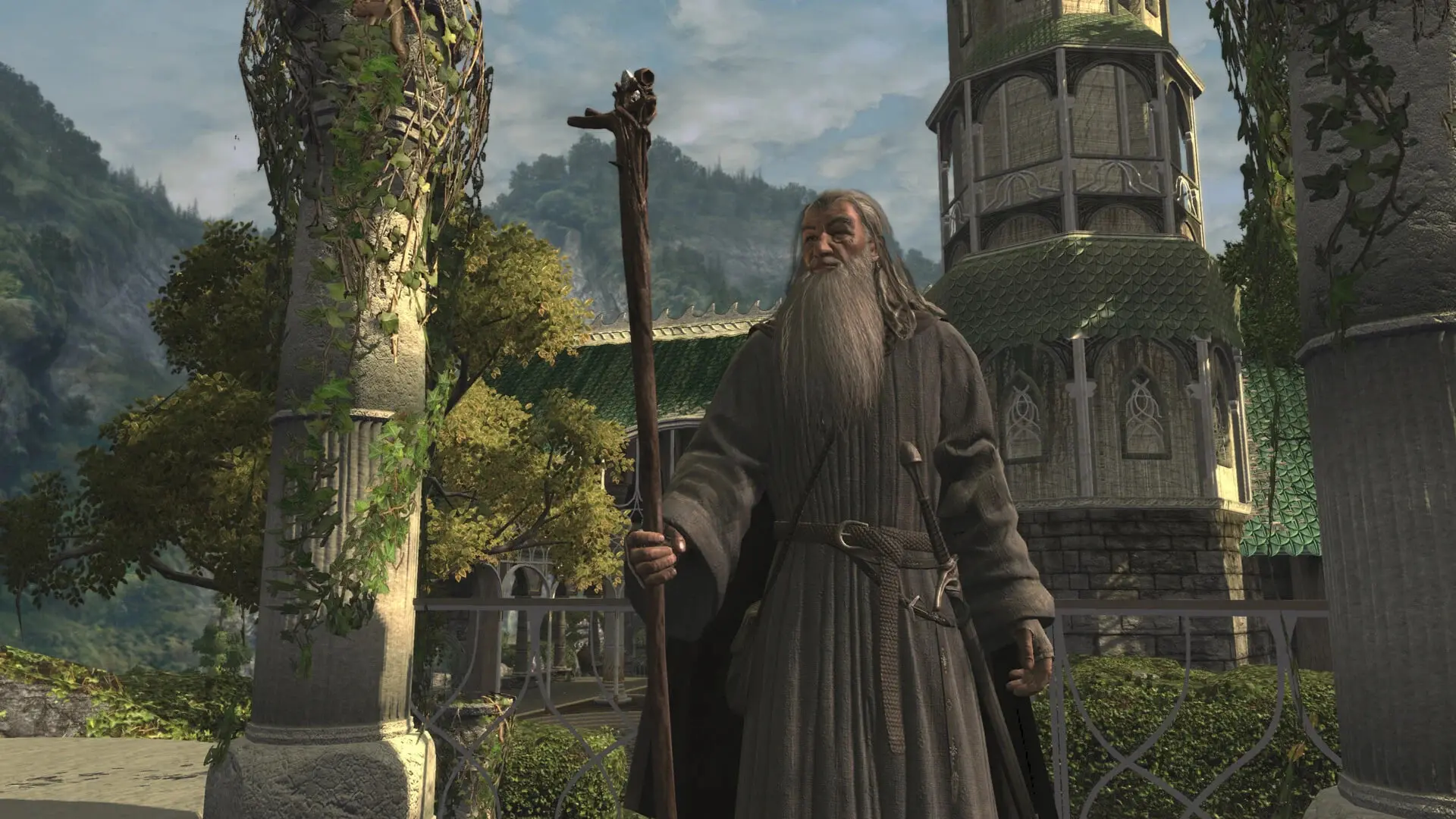 گندالف (Gandalf) با عصای چوبی در محیطی با معماری الفی ایستاده است
