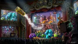 شخصیت‌های انیمیشن کارخانه هیولاها (Monsters, Inc.) در حال اجرای نمایش روی صحنه تئاتر