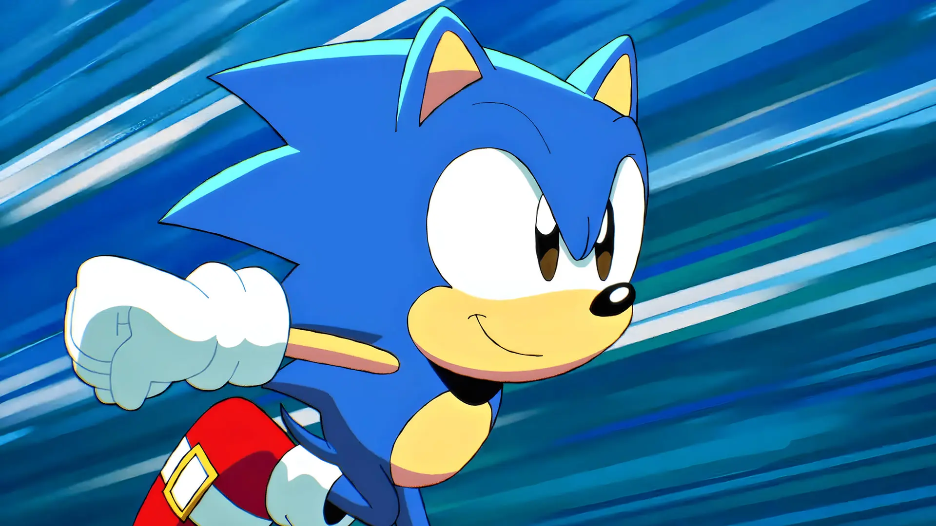 شخصیت کارتونی سونیک (Sonic the Hedgehog) در حال دویدن با پس‌زمینه آبی