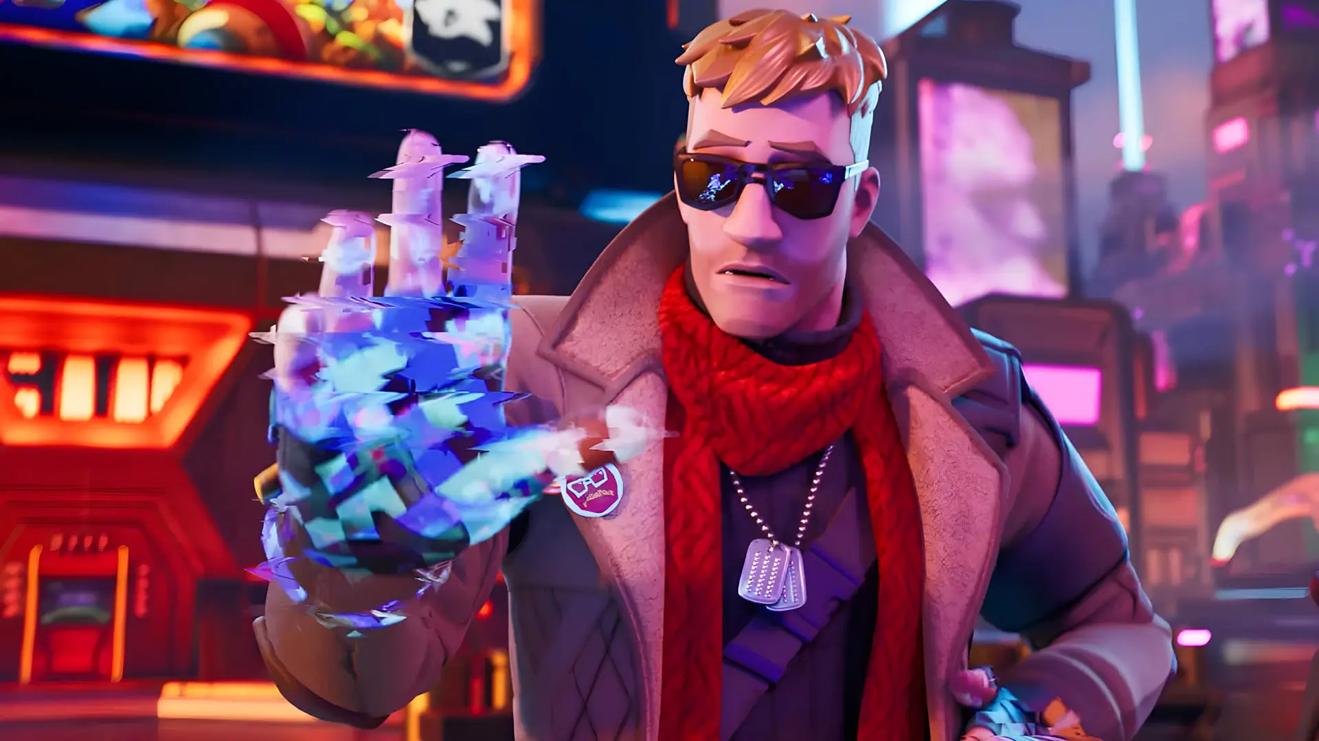 شخصیت بازی فورتنایت (Fortnite) با دست درخشان و انرژی‌های آبی‌رنگ