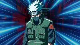 کاکاشی هاتاکه (Kakashi Hatake) با لباس سبز و پیشانی‌بند نینجا در پس‌زمینه‌ای پرانرژی