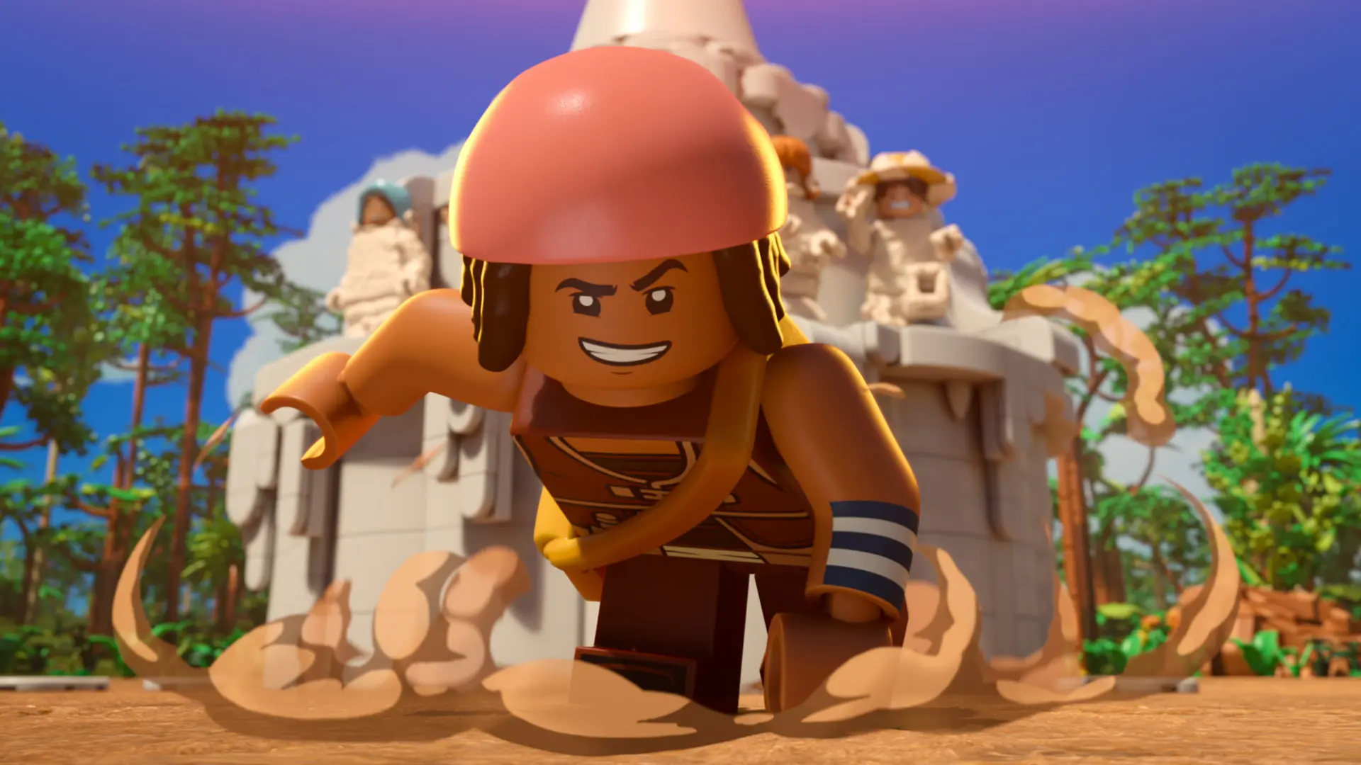 شخصیت لگو (LEGO) وان پیس در حال دویدن در محیط جنگلی