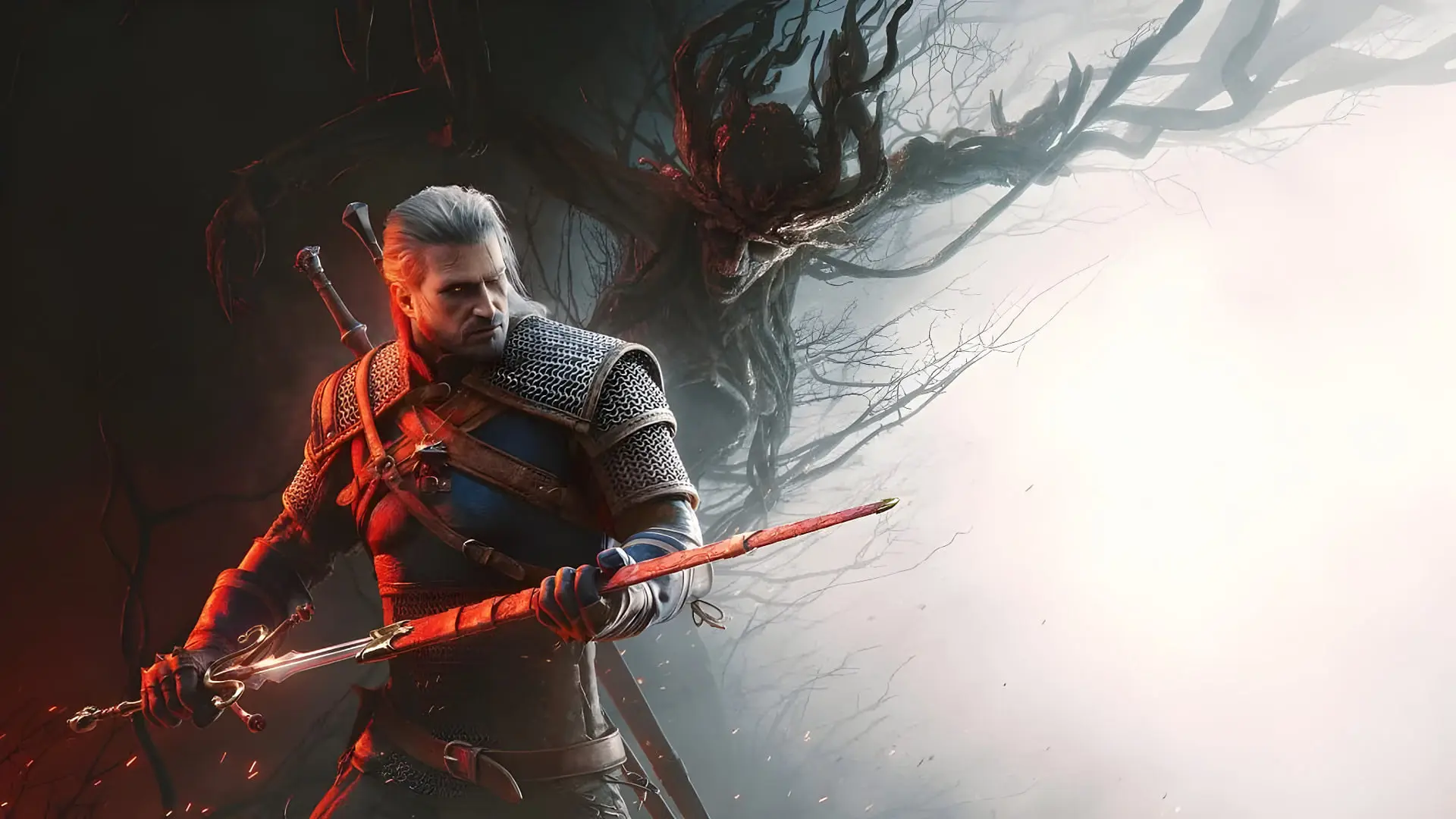گِرالت (Geralt of Rivia) با شمشیر در مقابل موجودی تاریک در بازی ویچر ۳