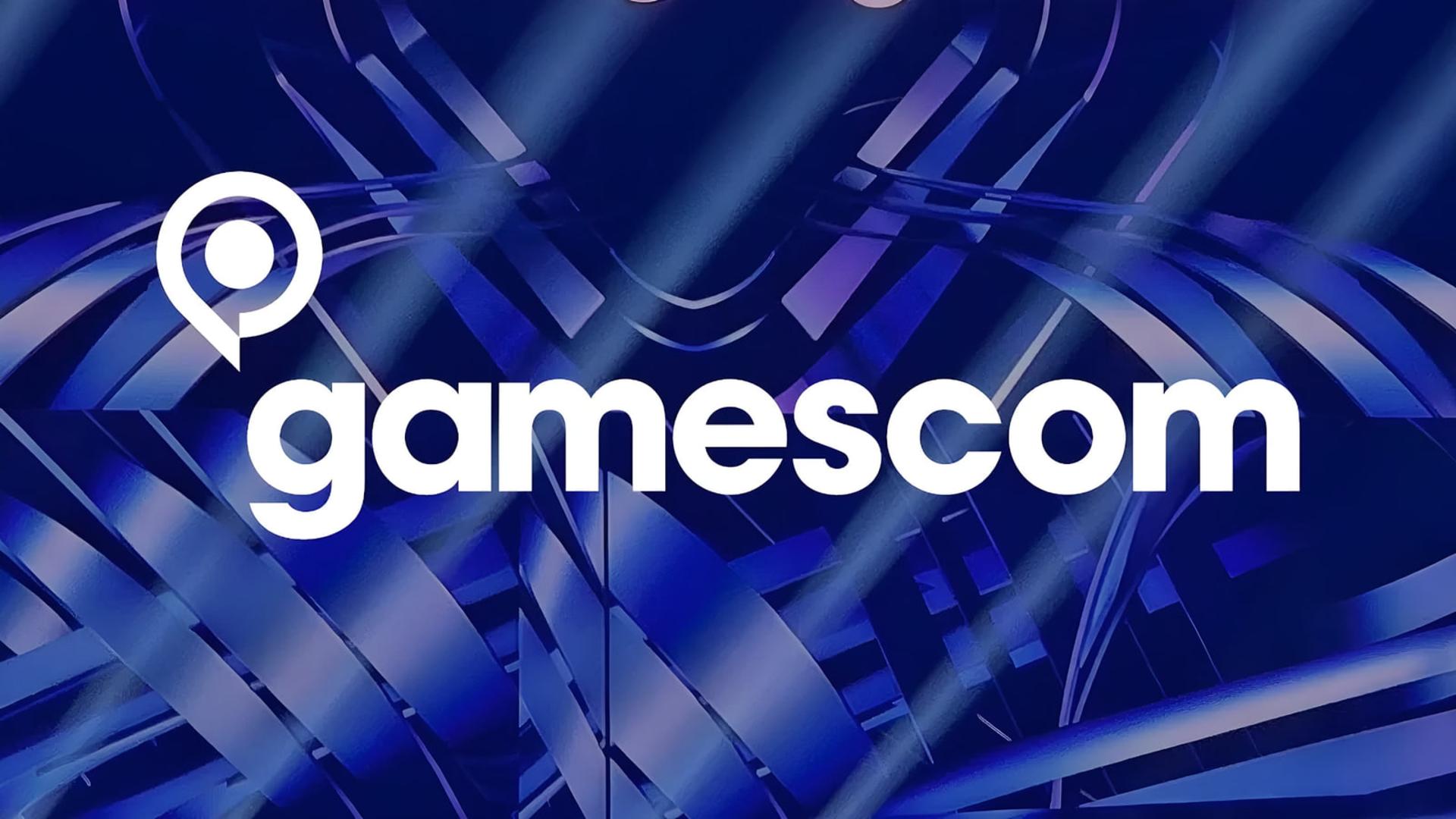 لوگوی رسمی نمایشگاه گیمزکام (Gamescom) روی پس‌زمینه‌ای با خطوط آبی