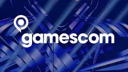لوگوی رسمی نمایشگاه گیمزکام (Gamescom) روی پس‌زمینه‌ای با خطوط آبی