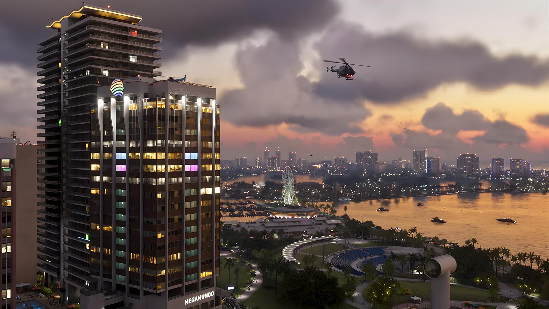 نمای شهر و آسمان هنگام غروب در بازی GTA 6 با حضور هلیکوپتر