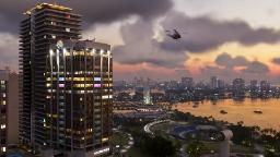 نمای شهر و آسمان هنگام غروب در بازی GTA 6 با حضور هلیکوپتر