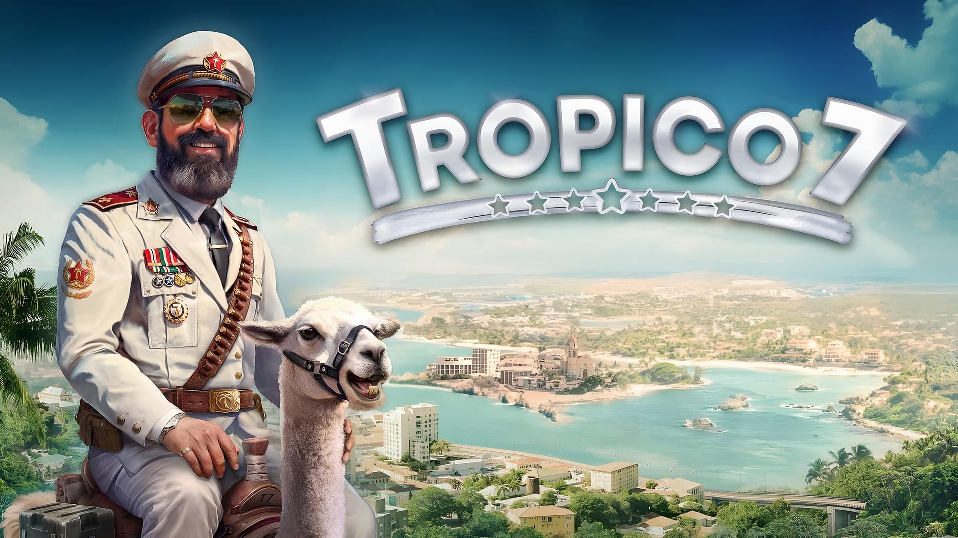 شخصیت اصلی بازی Tropico 7 سوار بر لاما در مقابل منظره جزیره