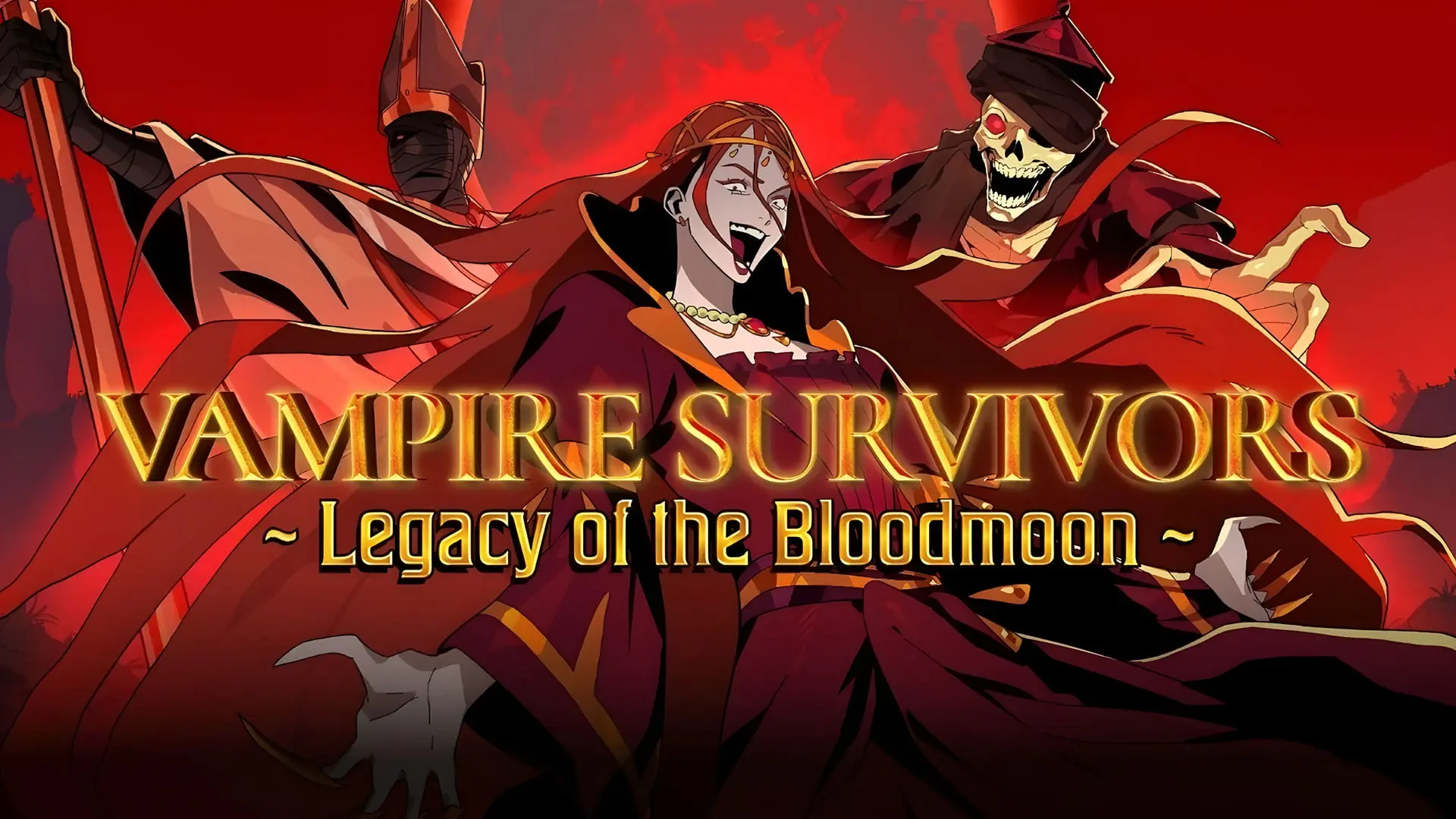 شخصیت‌های بازی Vampire Survivors در پس‌زمینه‌ای قرمز و تاریک