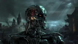 اسکلت فلزی ربات ترمیناتور (Terminator) با چشم‌های قرمز در میان ویرانه‌های لندن