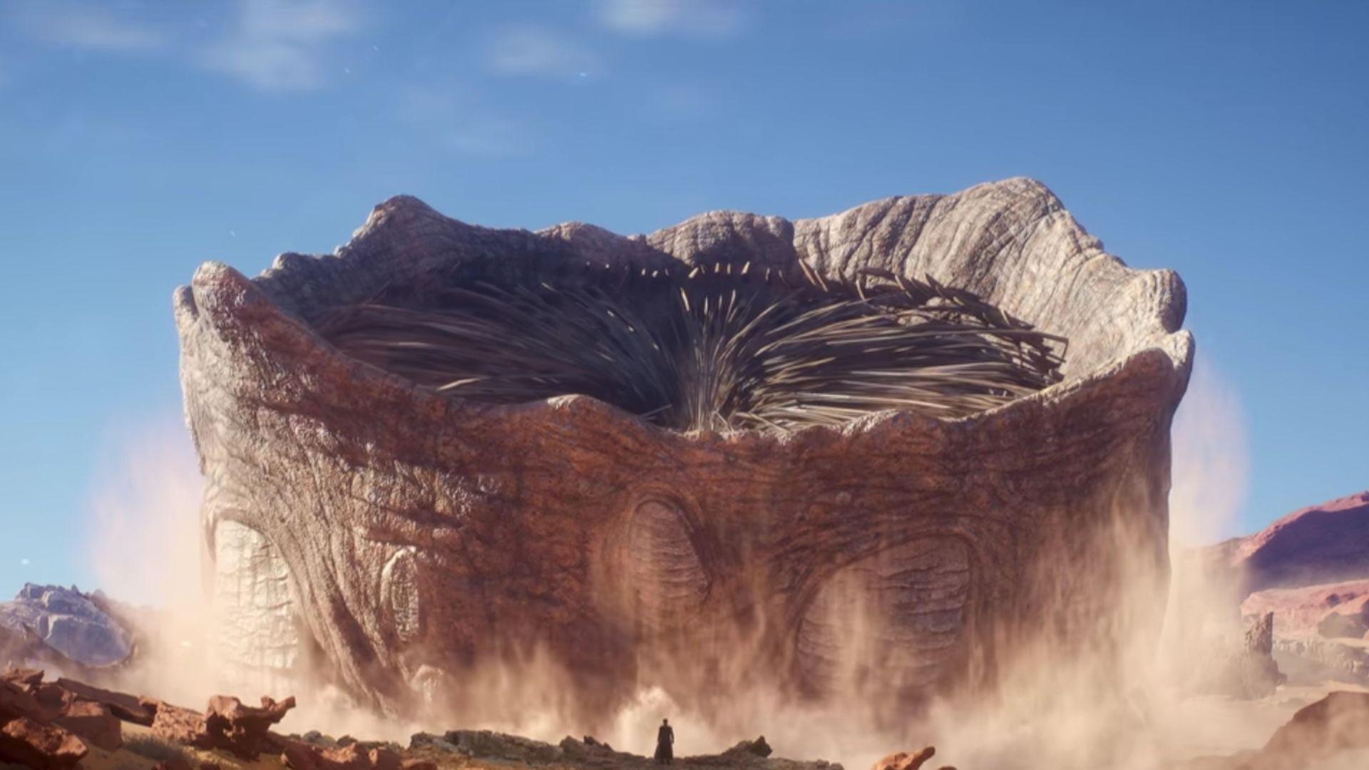 کرم شن (Sandworm) عظیم‌الجثه در محیط بیابانی بازی Dune: Awakening