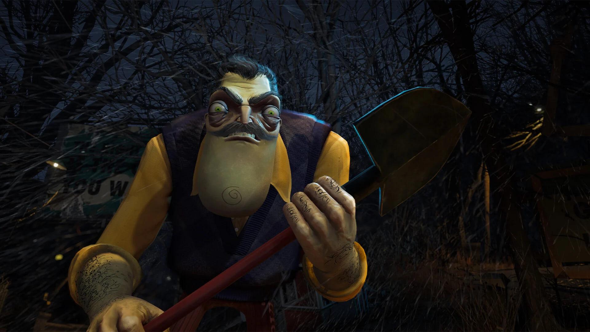 شخصیت مرموز بازی Hello Neighbor با بیل در محیط تاریک