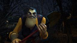 شخصیت مرموز بازی Hello Neighbor با بیل در محیط تاریک