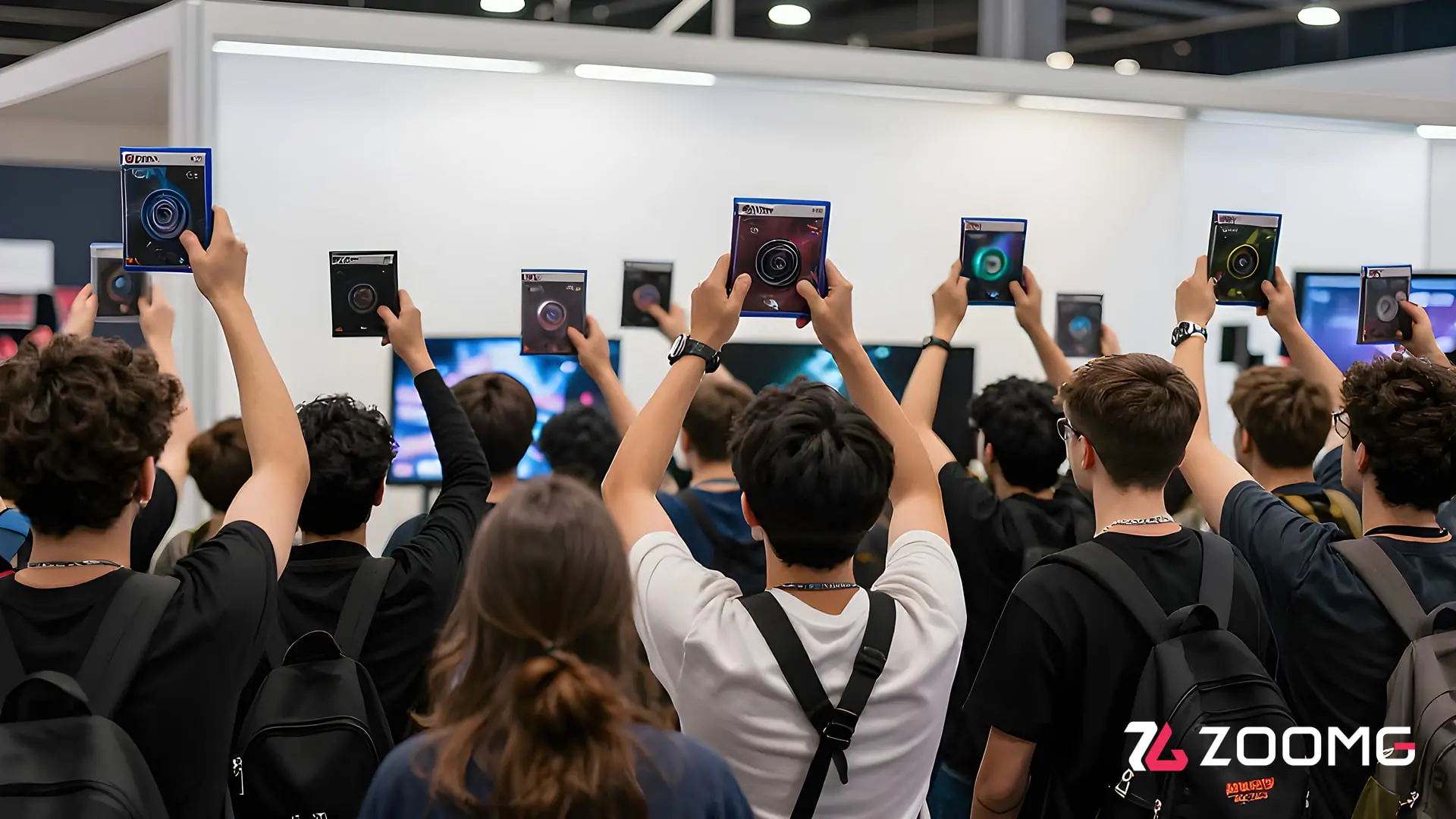 بازدیدکنندگان نمایشگاه گیمزکام (Gamescom) در حال بالا بردن دیسک‌های بازی