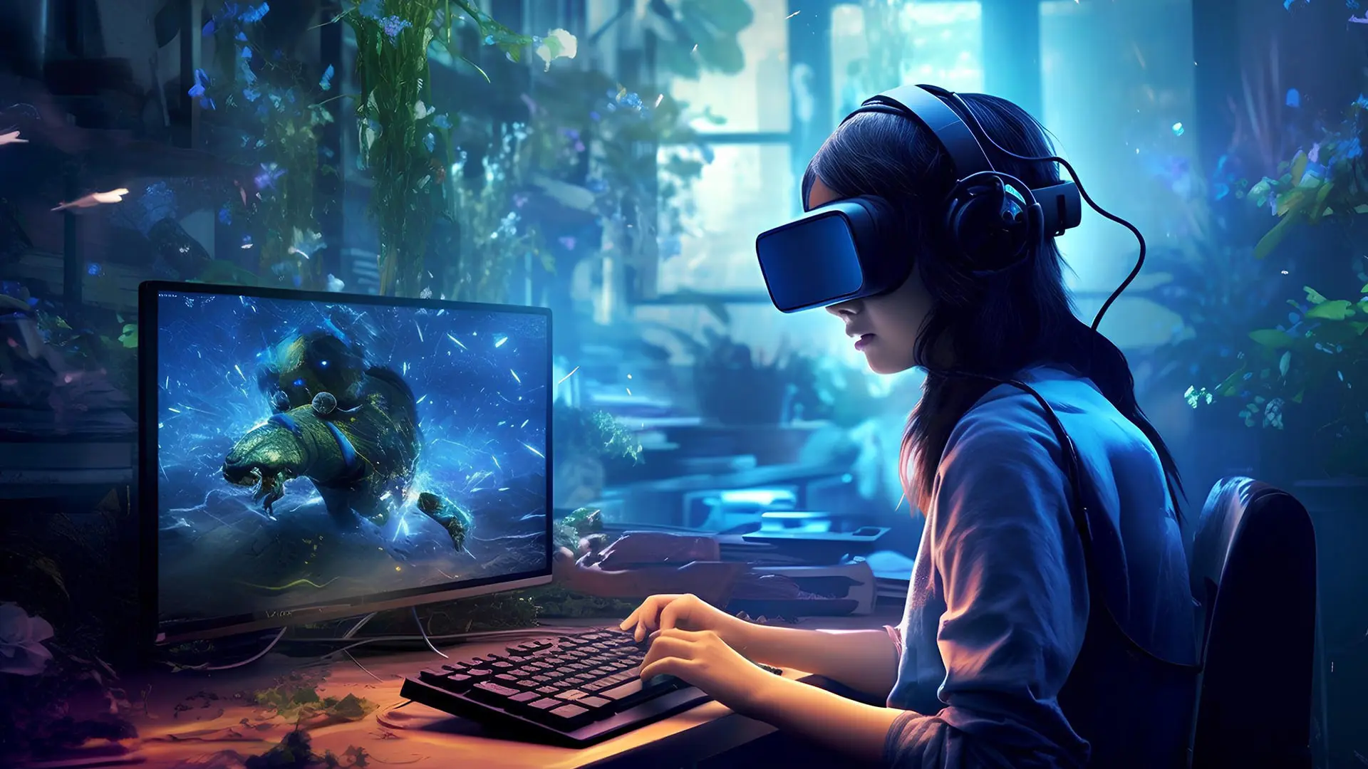 دختر با هدست واقعیت مجازی (VR) در حال برنامه‌نویسی بازی در محیط دیجیتال