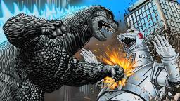 گودزیلا (Godzilla) در حال ضربه زدن به ربات مگاهگرو (Mechagodzilla) در میان ساختمان‌های تخریب‌شده