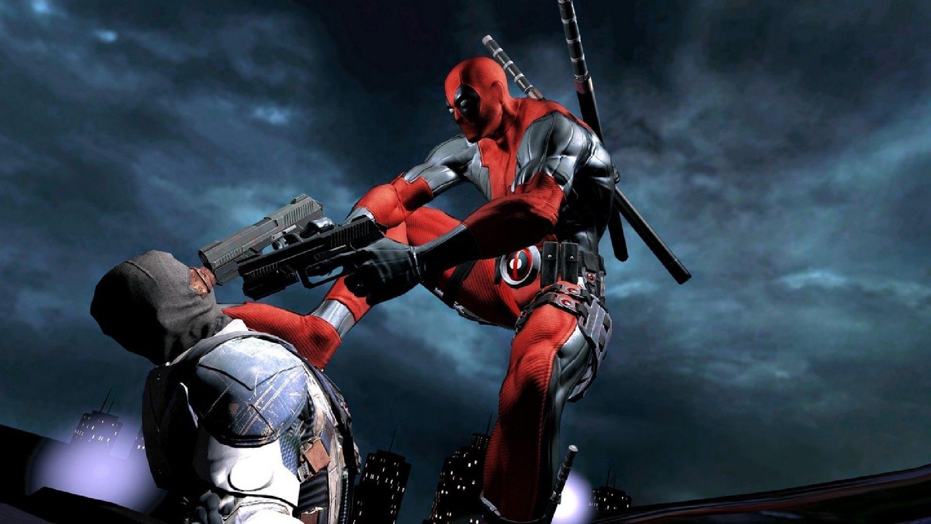 شخصیت ددپول (Deadpool) در حال درگیری با دشمن در محیطی تاریک