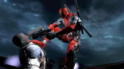 شخصیت ددپول (Deadpool) در حال درگیری با دشمن در محیطی تاریک