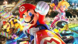 شخصیت‌های ماریو (Mario)، پرنسس پچ (Peach) و باوزر (Bowser) در حال مسابقه با کارتینگ