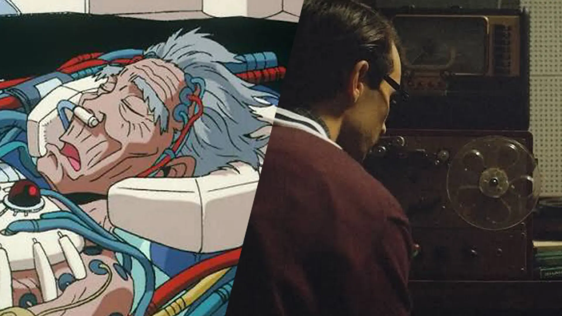 ترکیبی از شخصیت انیمه و مردی در کنار دستگاه ضبط قدیمی