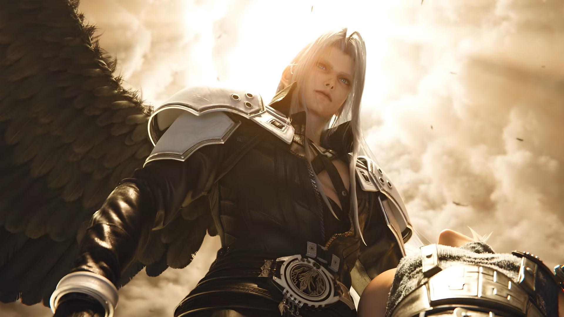 شخصیت سِفیر (Sephiroth) با بال‌های بزرگ در فضای ابری
