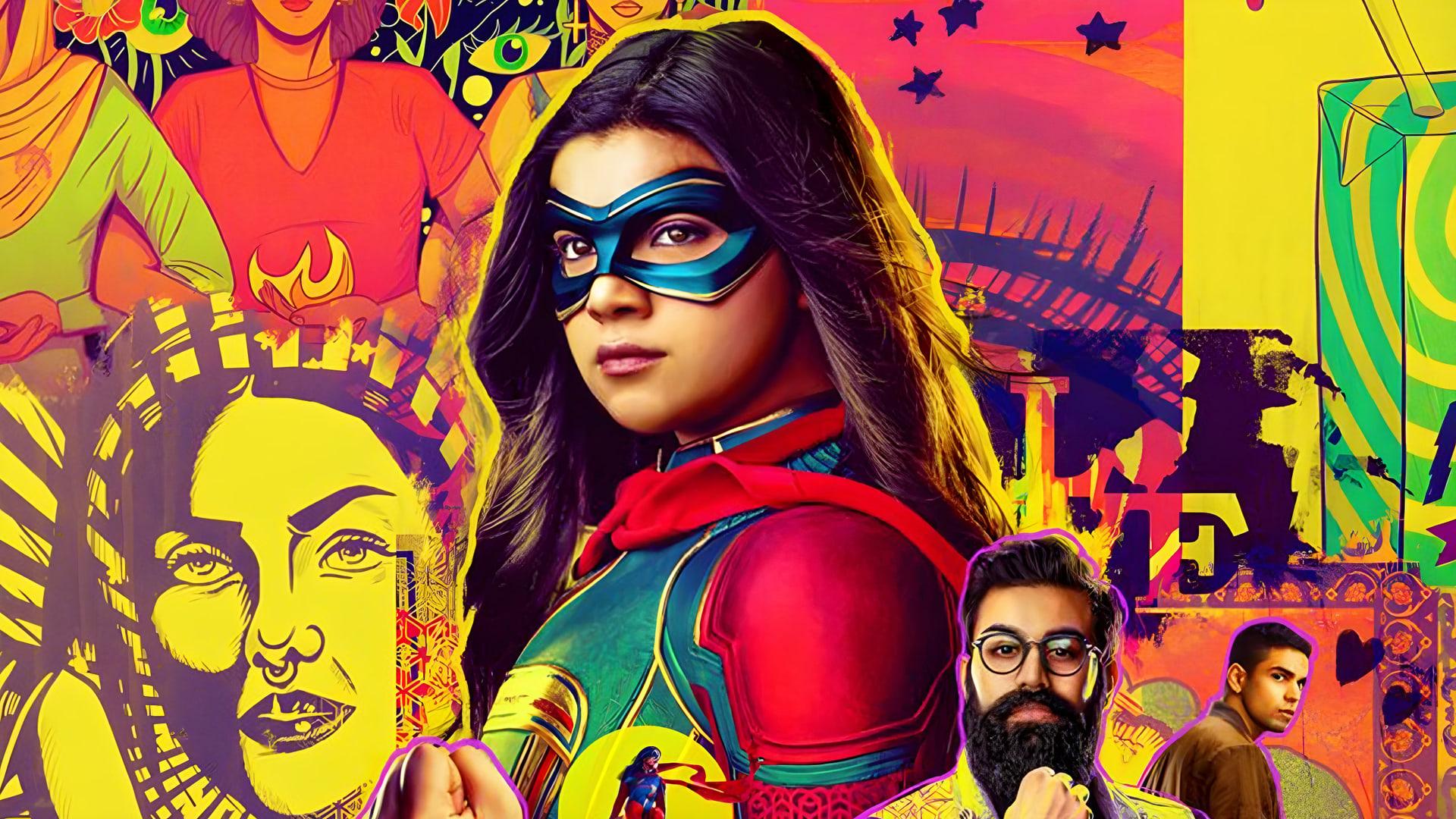 شخصیت خانم میسور (Ms. Marvel) در میان طرح‌های گرافیکی رنگی