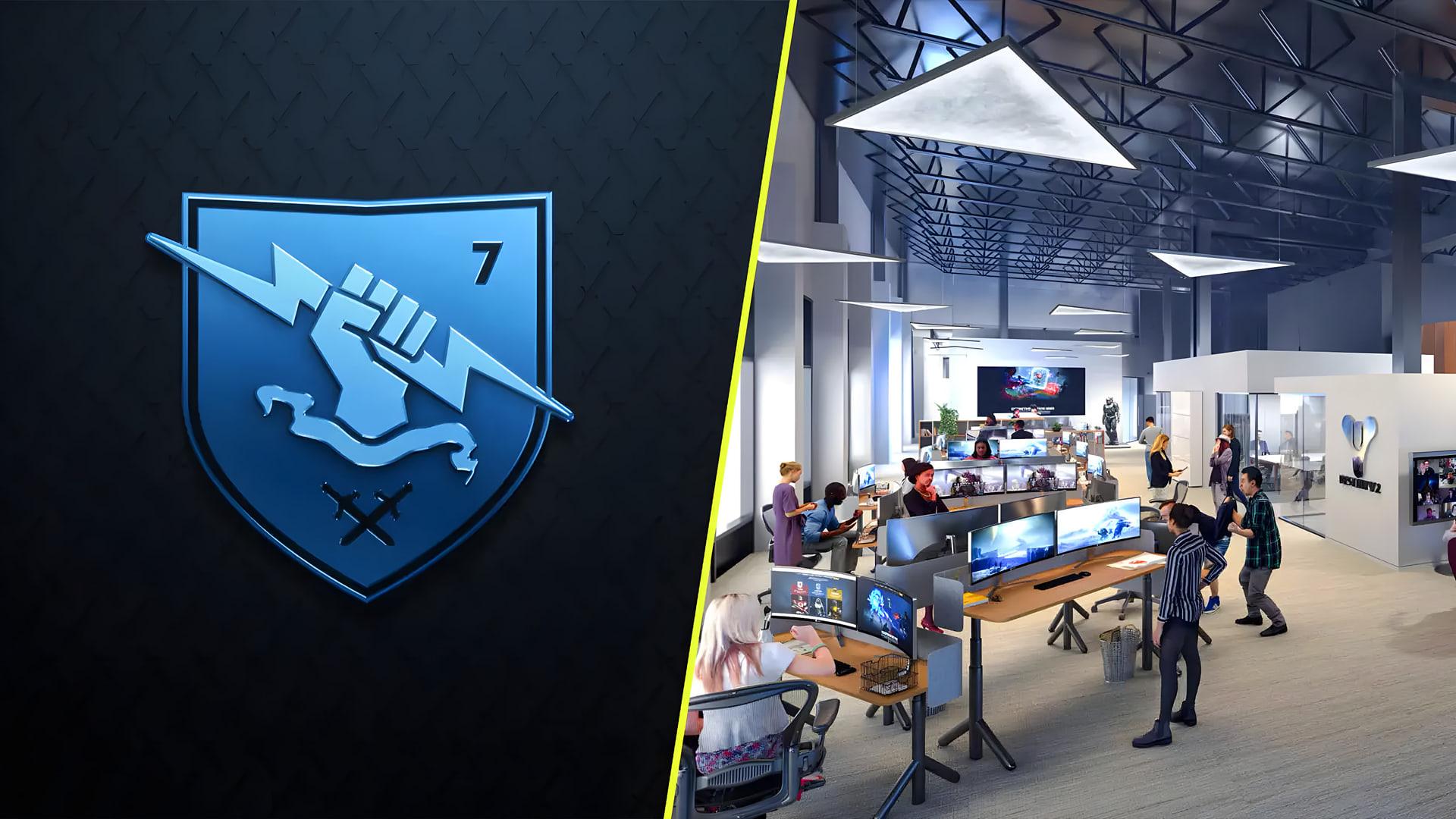 لوگوی استودیوی بانجی (Bungie) در کنار فضای داخلی دفتر اصلی این شرکت